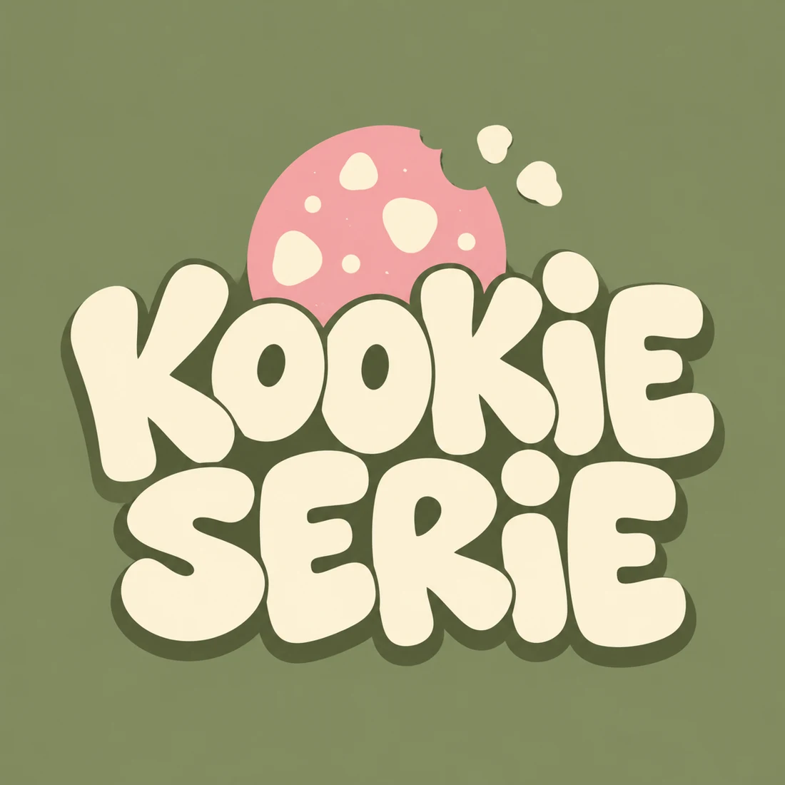 Logo Kookieserie, lettres crème et cookie rose sur fond sauge